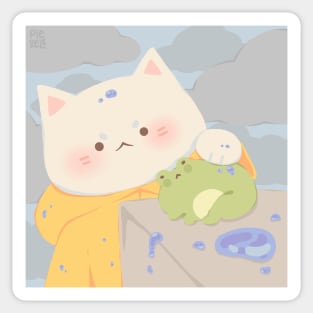 Raincoat Cat and Frog Sticker